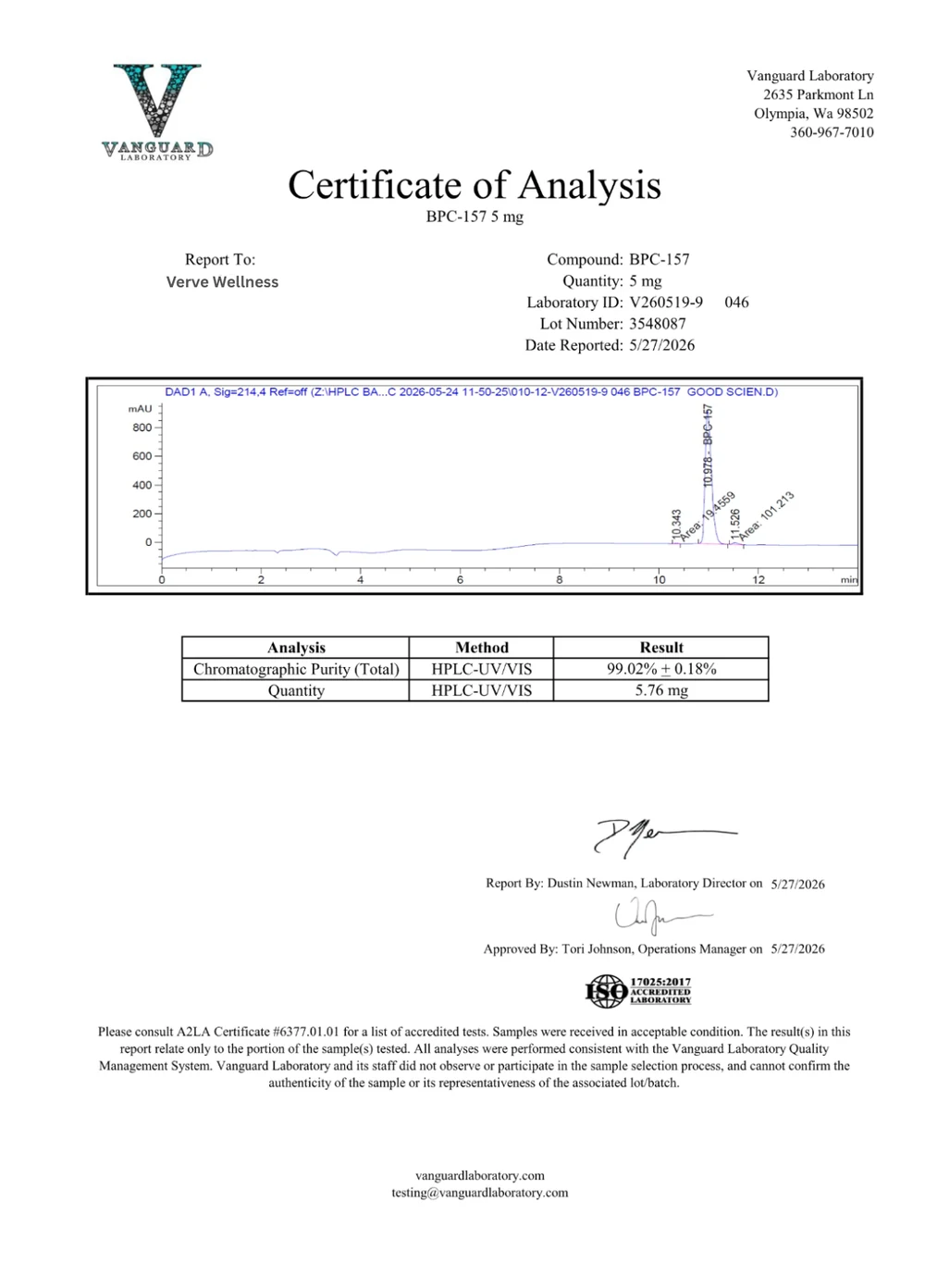 BPC-157 certificate of analysis, batch 3548087