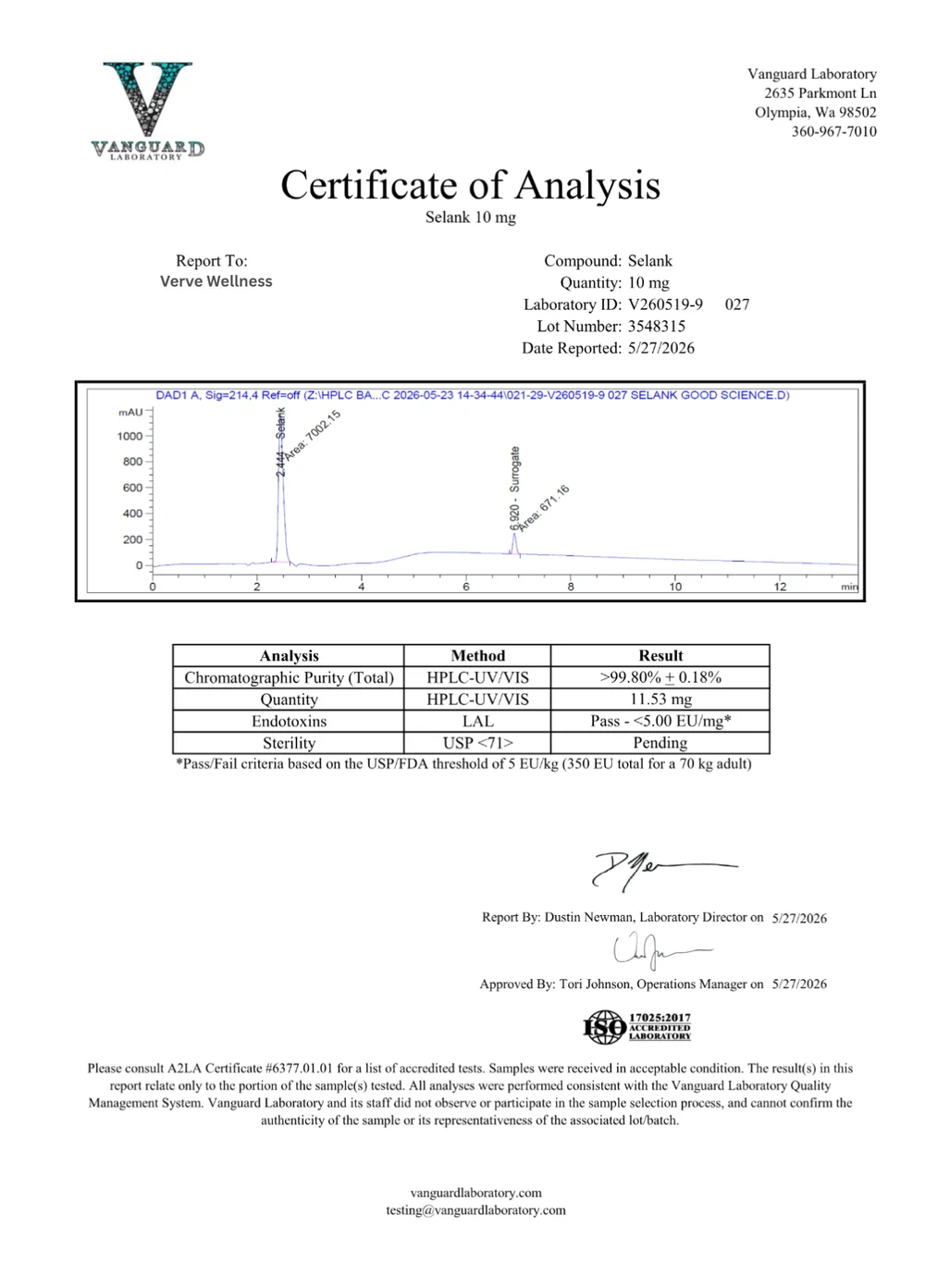 Selank certificate of analysis, batch 3548315